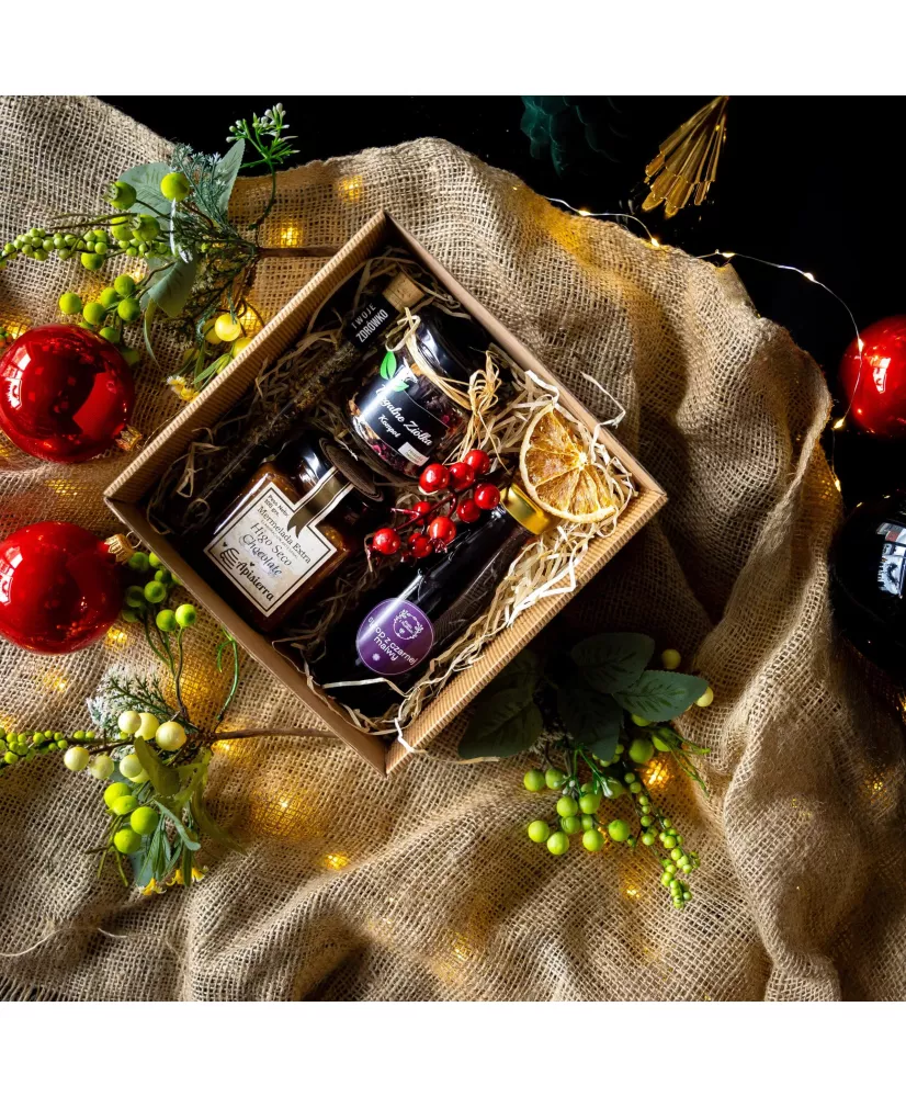 Elegancki zestaw prezentowy syrop z czarnej malwy, herbaty, hiszpańska konfitura figa z czekoladą
