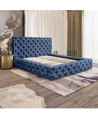 Łóżko tapicerowane 160x200 CARLA niebieskie ze stelażem i pojemnikiem na pościel