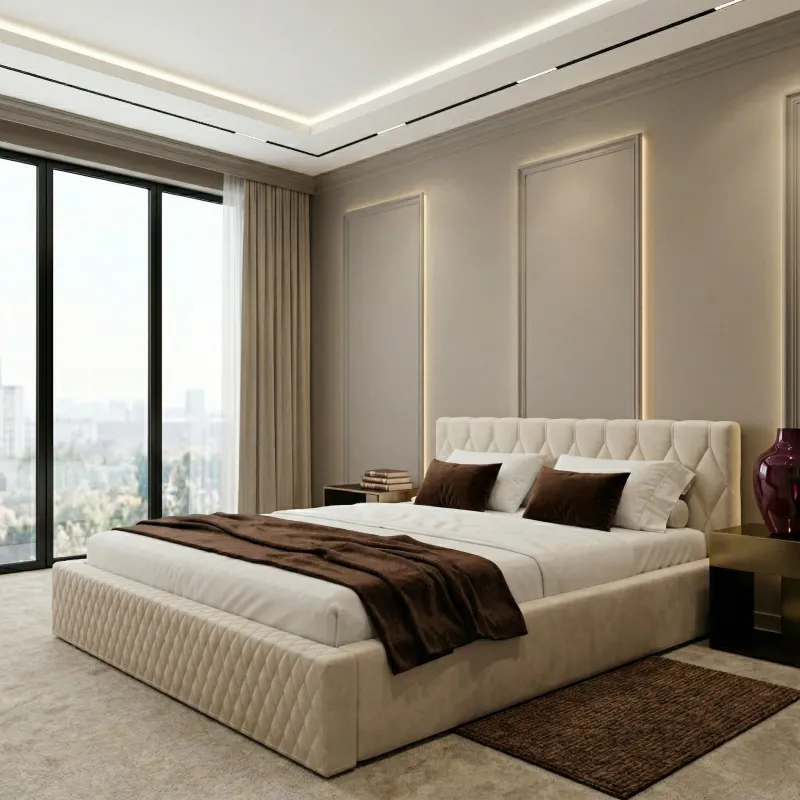 Łóżko tapicerowane kremowe 140x200 LONDON - ze stelażem i pojemnikiem na pościel, personalizacja koloru oraz rodzaju tkaniny