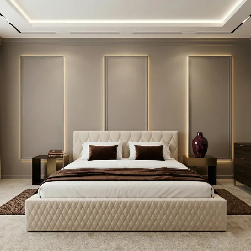 Łóżko tapicerowane kremowe 200x200 LONDON - ze stelażem i pojemnikiem na pościel, personalizacja koloru oraz rodzaju tkaniny