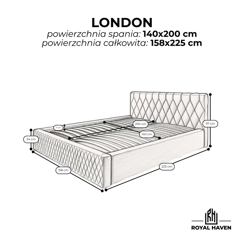 Łóżko tapicerowane kremowe 140x200 LONDON - ze stelażem i pojemnikiem na pościel, personalizacja koloru oraz rodzaju tkaniny