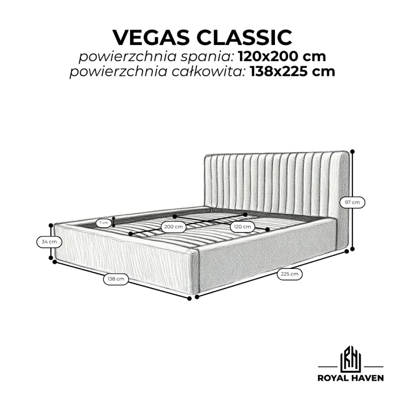 Łóżko tapicerowane kremowe 120x200 VEGAS Classic - ze stelażem i pojemnikiem na pościel, personalizacja koloru oraz rodzaju tkaniny