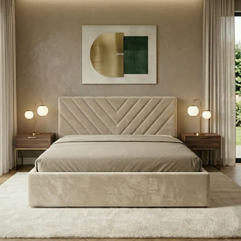 Łóżko tapicerowane kremowe 140x200 VEGAS Chevron