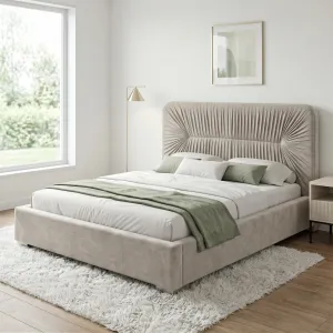 Łóżko tapicerowane beżowe 200x200 ALICE z pojemnikiem i stelażem