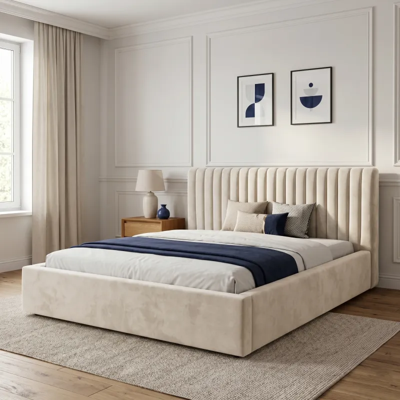 Łóżko tapicerowane kremowe 160x200 VEGAS Classic - ze stelażem i pojemnikiem na pościel, personalizacja koloru oraz rodzaju tkaniny