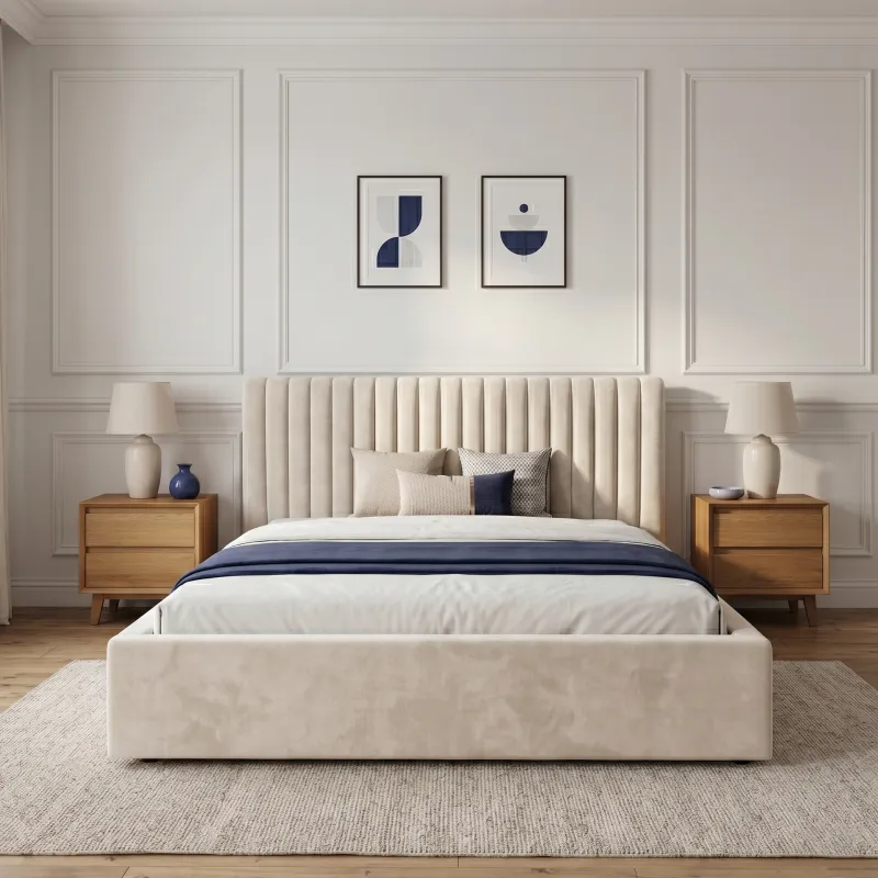 Łóżko tapicerowane kremowe 160x200 VEGAS Classic - ze stelażem i pojemnikiem na pościel, personalizacja koloru oraz rodzaju tkaniny