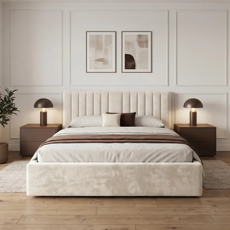 Łóżko tapicerowane kremowe 140x200 VEGAS Center - ze stelażem i pojemnikiem na pościel, personalizacja koloru oraz rodzaju tkaniny