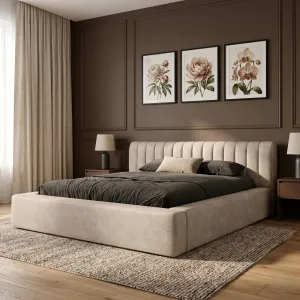 Łóżko tapicerowane 120x200 AMIRA beżowe - ze stelażem i pojemnikiem na pościel, personalizacja koloru oraz rodzaju tkaniny
