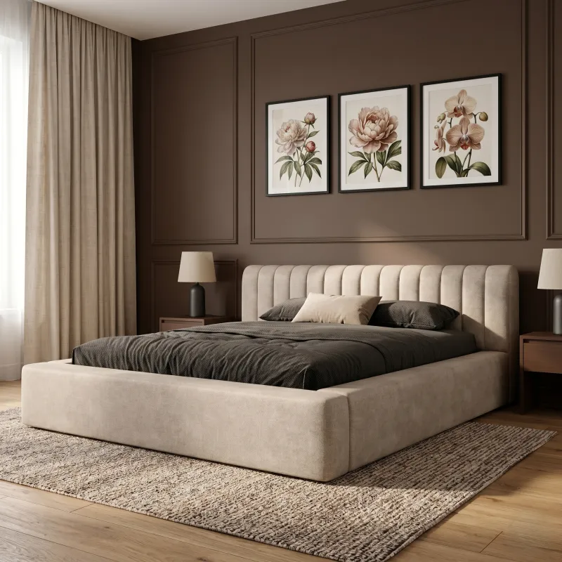 Łóżko tapicerowane beżowe 120x200 AMIRA z pojemnikiem i stelażem