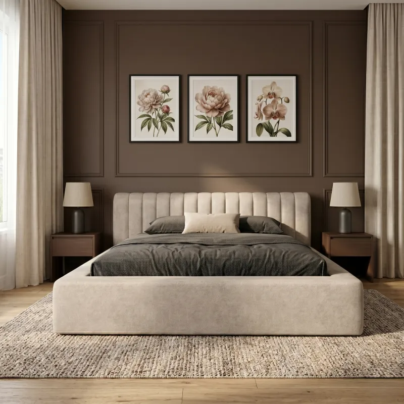 Łóżko tapicerowane beżowe 140x200 AMIRA z pojemnikiem i stelażem