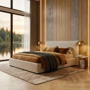 [OUTLET] Łóżko tapicerowane beżowe 160x200 NEVADA z pojemnikiem i stelażem