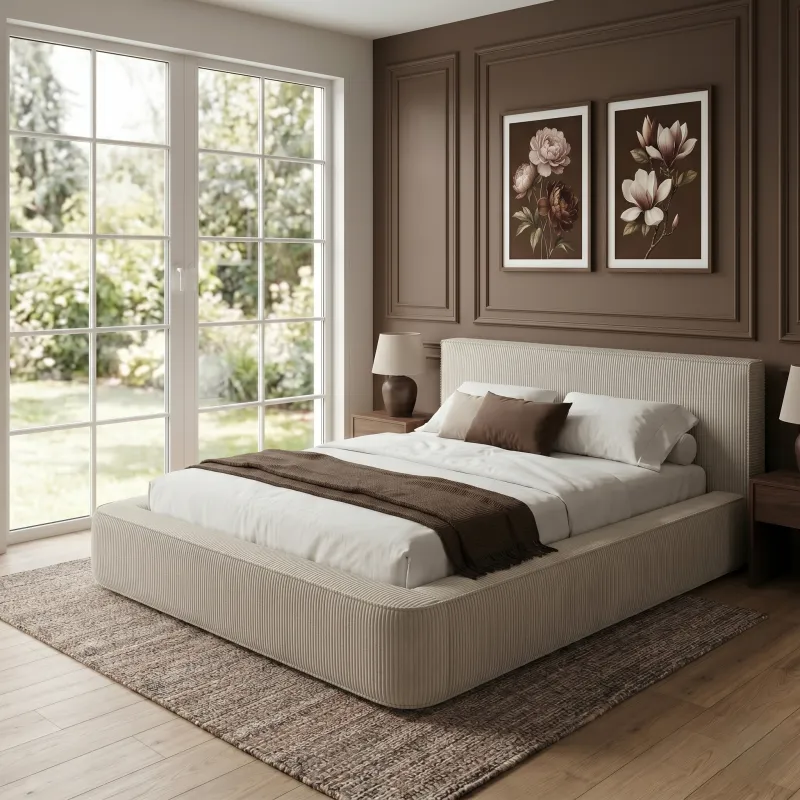 Łóżko tapicerowane 140x200 HARMON beżowe ze stelażem i pojemnikiem Polska produkcja kolor do wyboru