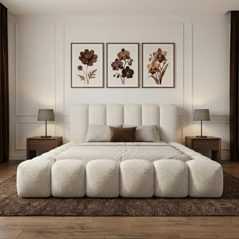 Łóżko tapicerowane beżowe 120x200 MIAMI ze stelażem i pojemnikiem