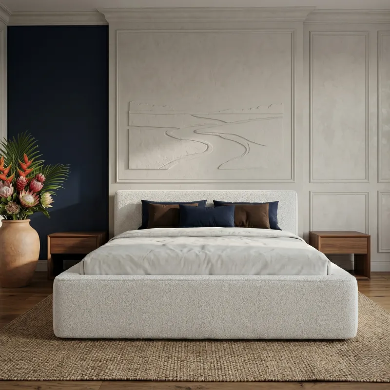 Łóżko tapicerowane białe 120x200 ALMA ze stelażem i pojemnikiem