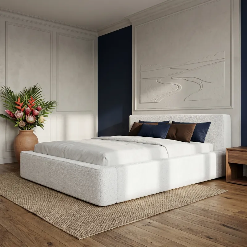 Łóżko tapicerowane białe 140x200 ALMA ze stelażem i pojemnikiem