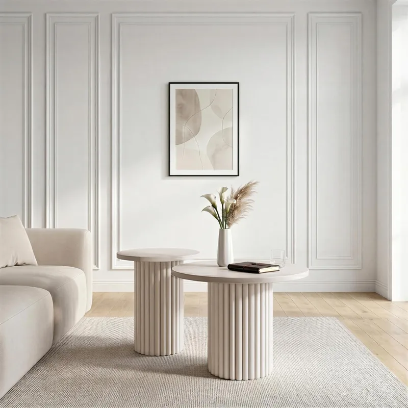 NOVA WHITE - zestaw 2 stolików kawowych, białe, ryflowane, okrągłe, nowoczesne