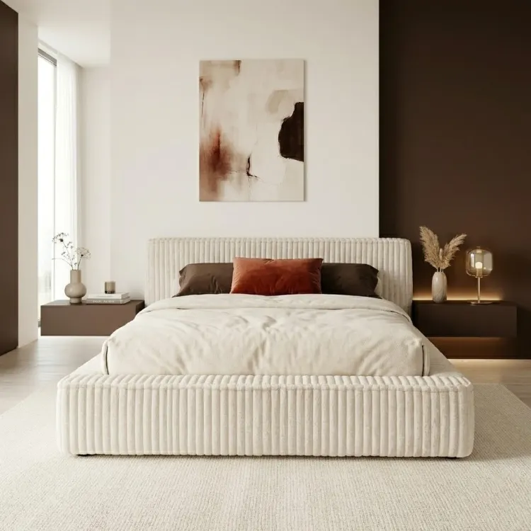 Łóżko tapicerowane beżowe 160x200 MELODY z pojemnikiem i stelażem