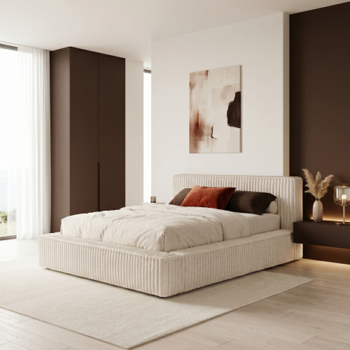 Łóżko tapicerowane beżowe 180x200 MELODY z pojemnikiem i stelażem
