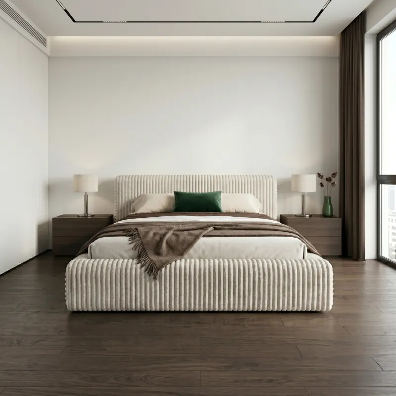 Łóżko tapicerowane beżowe 160x200 HANA z pojemnikiem i stelażem