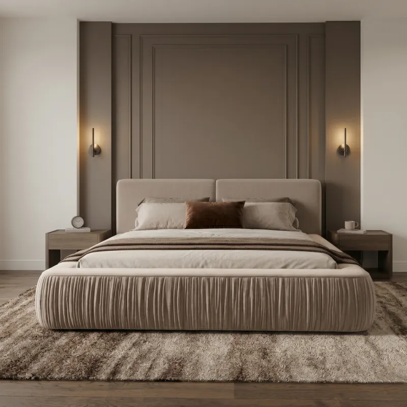 Łóżko tapicerowane beżowe 140x200 NAOMI ze stelażem i pojemnikiem