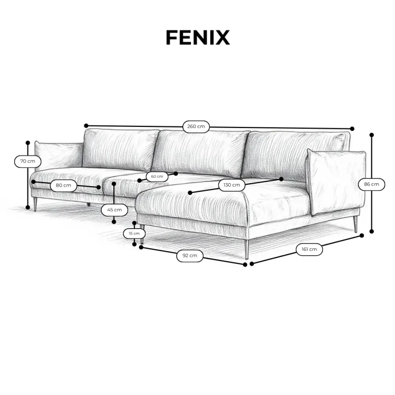 Narożnik FENIX L-kształtny nowoczesny trzyosobowy lewostronny tkanina welur