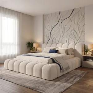 Łóżko tapicerowane beżowe 140x200 AURORA ze stelażem i pojemnikiem