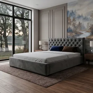 Łóżko tapicerowane grafitowe 160x200 CHESTER z pojemnikiem i stelażem, glamour