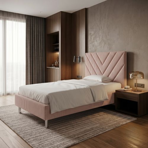 [OUTLET] Łóżko tapicerowane hotelowe 90x200 AMBER Chevron różowe Lincoln 61 Polska produkcja możliwość łączenia