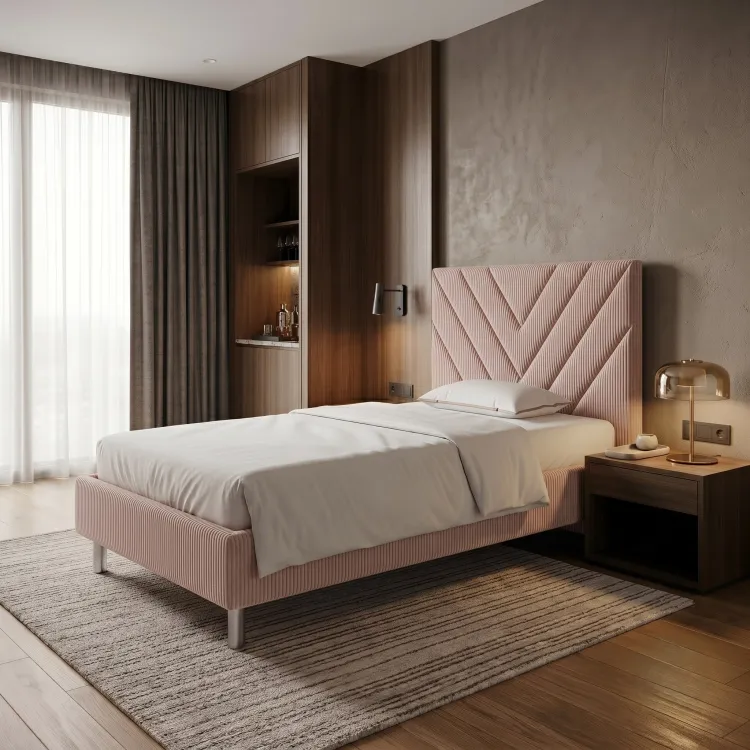 [OUTLET] Łóżko tapicerowane hotelowe 90x200 AMBER Chevron różowe Lincoln 61 Polska produkcja możliwość łączenia