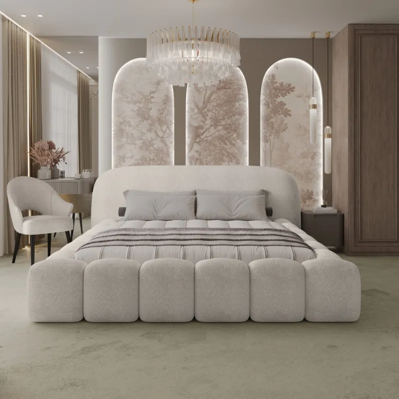 Krzesło tapicerowane LEON beżowe boucle drewno nowoczesne