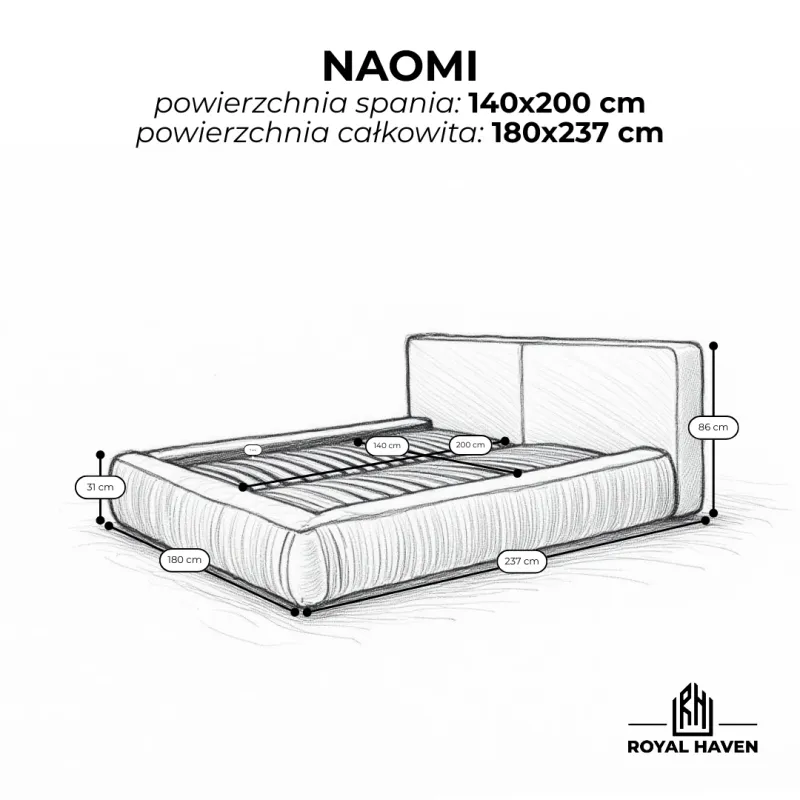 Łóżko tapicerowane zielone 140x200 NAOMI ze stelażem i pojemnikiem