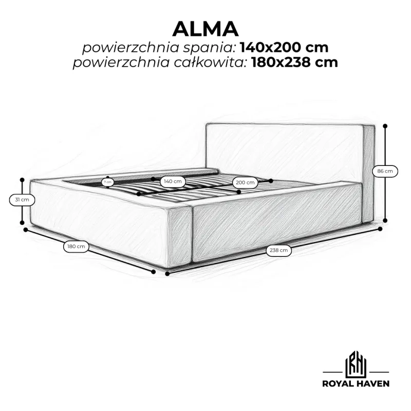 Łóżko tapicerowane białe 140x200 ALMA ze stelażem i pojemnikiem