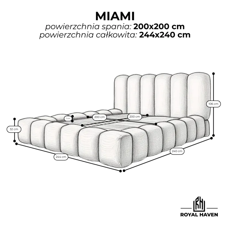 Łóżko tapicerowane beżowe 200x200 MIAMI ze stelażem i pojemnikiem szare