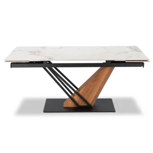 Nowoczesny stół rozkładany prostokątny MARBLIS 180-240 cm, ceramiczny blat biały/czarny marmur, nogi orzechowe, do jadalni