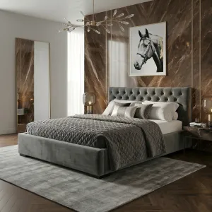 Łóżko tapicerowane grafitowe 120x200 CHESTER z pojemnikiem i stelażem, glamour