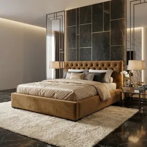 Łóżko tapicerowane karmelowe 140x200 CHESTER z pojemnikiem i stelażem, glamour