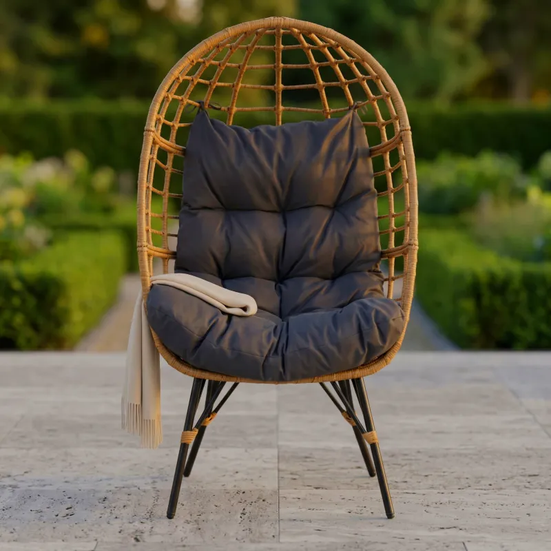 Fotel ogrodowy AVERLO - kokon z technorattanu, szary, boho, z poduszkami na taras i balkon