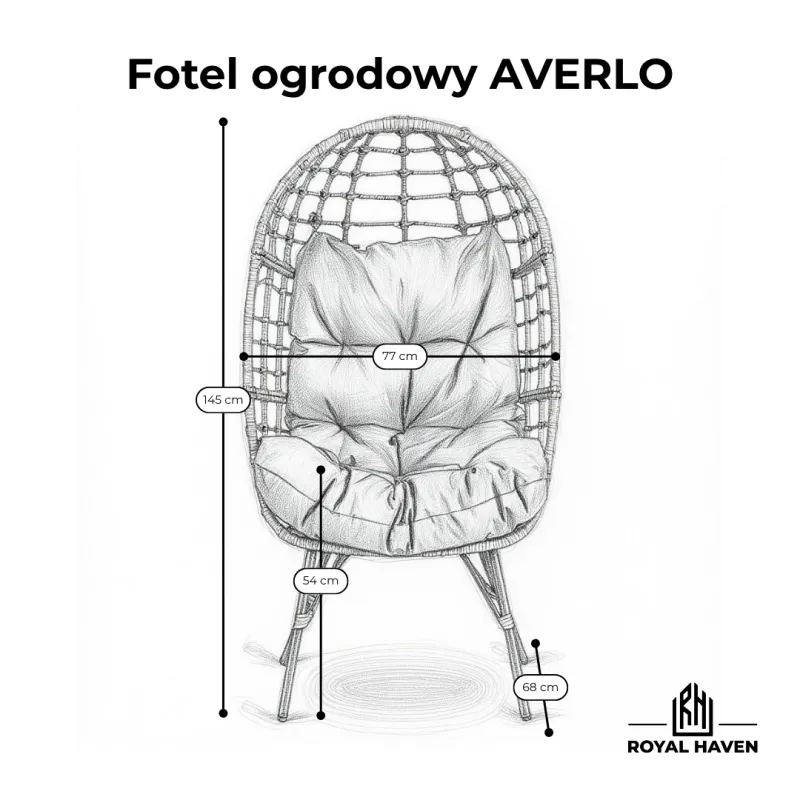 Fotel ogrodowy AVERLO - kokon z technorattanu, szary, boho, z poduszkami na taras i balkon