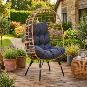 Fotel ogrodowy AVERLO - kokon z technorattanu, szary, boho, z poduszkami na taras i balkon