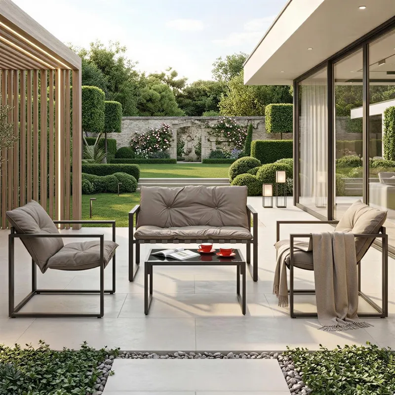 Zestaw ogrodowy VERDO - Sofa 2-osobowa + 2 Fotele + Ława, ciemny brąz/cappuccino