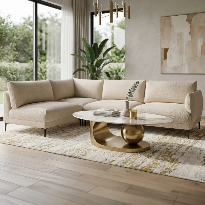 Stolik kawowy MODINGO - glamour, owalny blat z marmuru, złota stal, do salonu