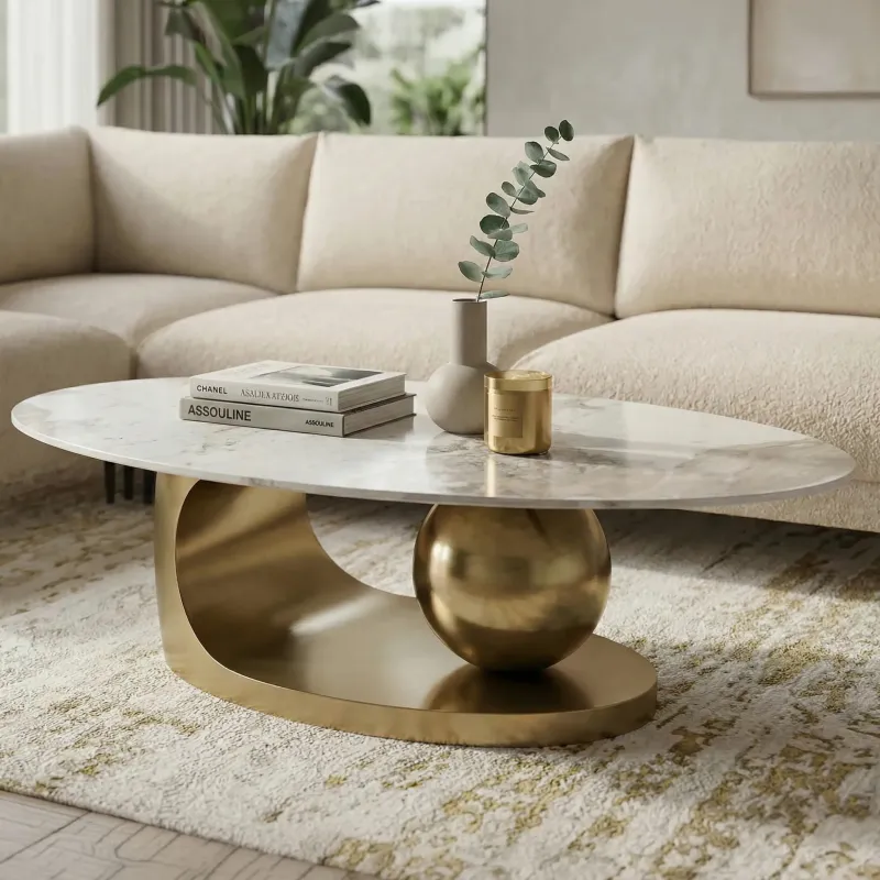 Stolik kawowy MODINGO - glamour, owalny blat z marmuru, złota stal, do salonu