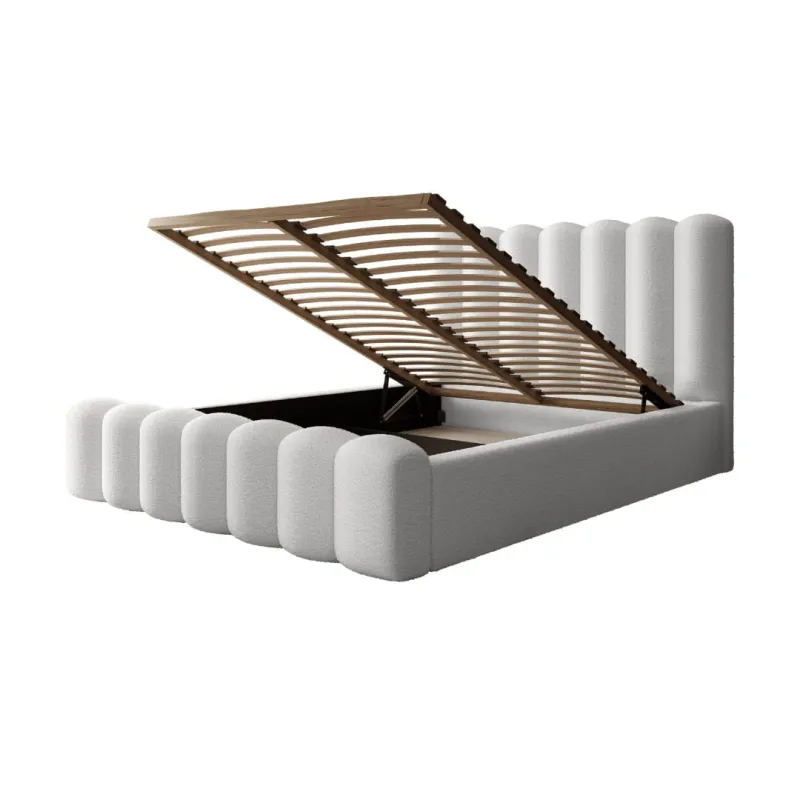 Łóżko tapicerowane białe 140x200 AMORE z pojemnikiem i stelażem