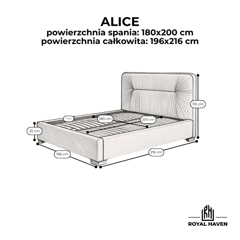 Łóżko tapicerowane białe 180x200 ALICE z pojemnikiem i stelażem