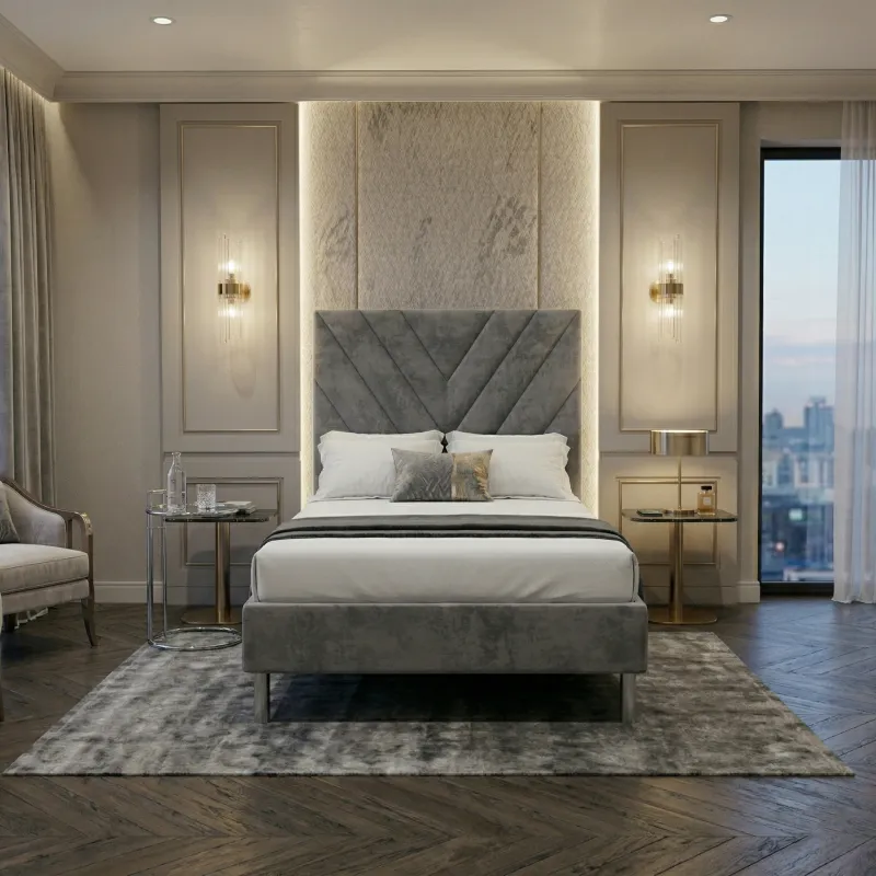 Łóżko tapicerowane hotelowe 90x200 AMBER szare welurowe "V"