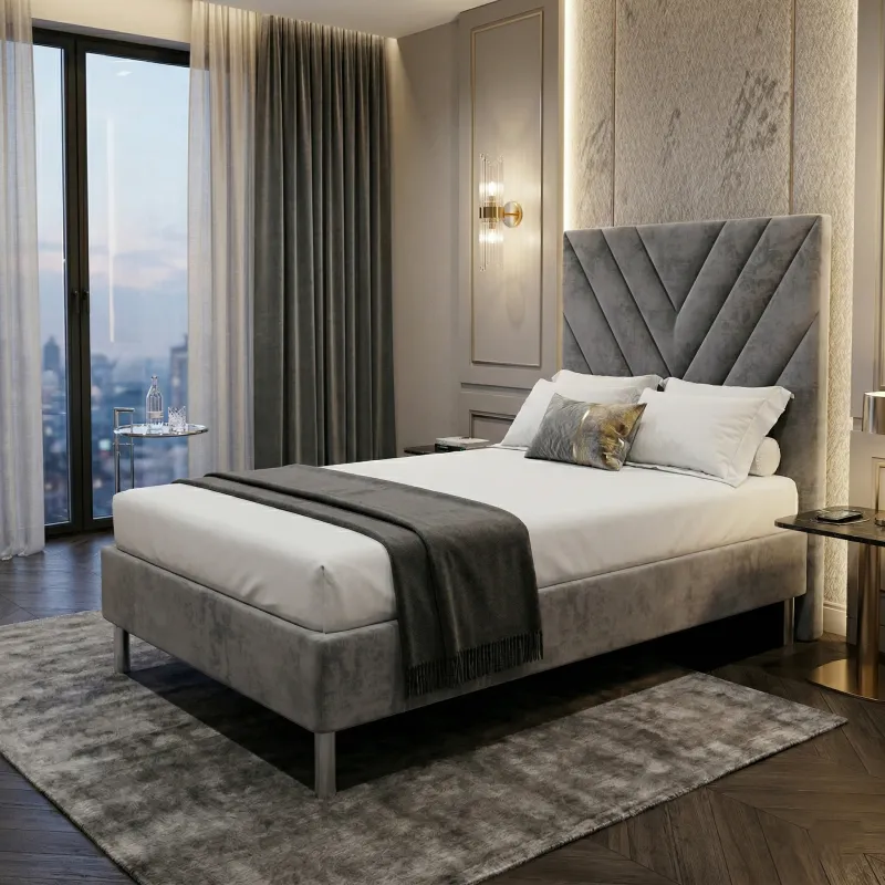 Łóżko tapicerowane hotelowe 90x200 AMBER szare welurowe "V"