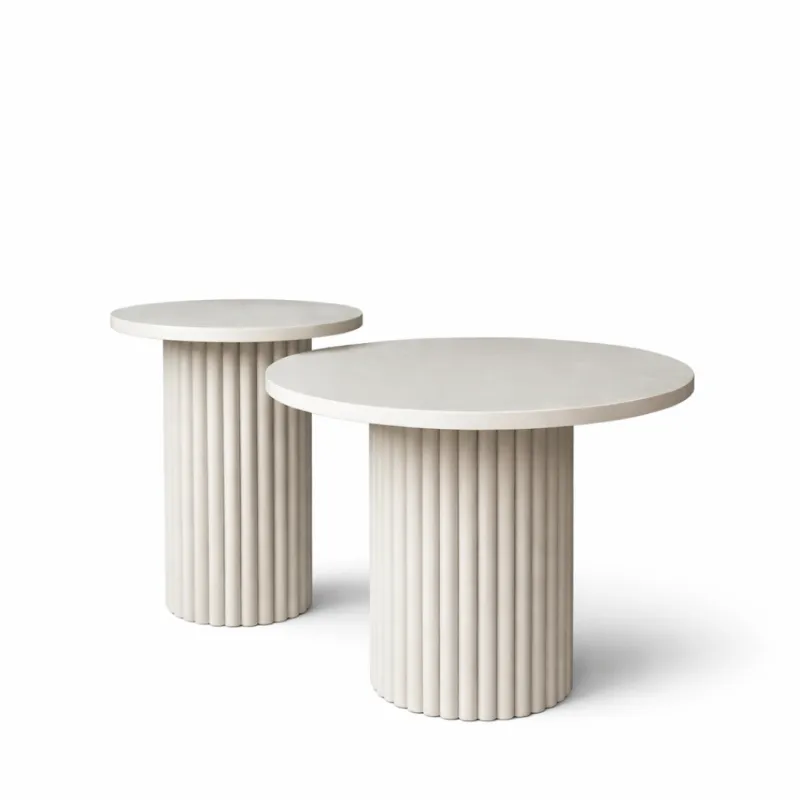 NOVA WHITE - zestaw 2 stolików kawowych, białe, ryflowane, okrągłe, nowoczesne