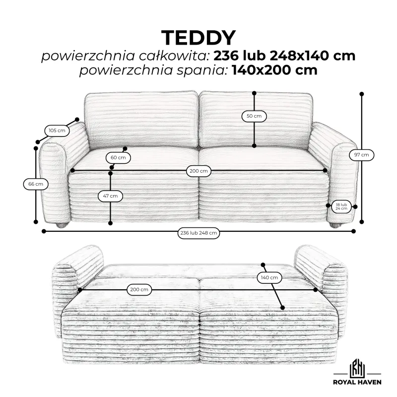 Sofa rozkładana TEDDY z funkcją spania i pojemnikiem na pościel - sztruks biało-beżowa