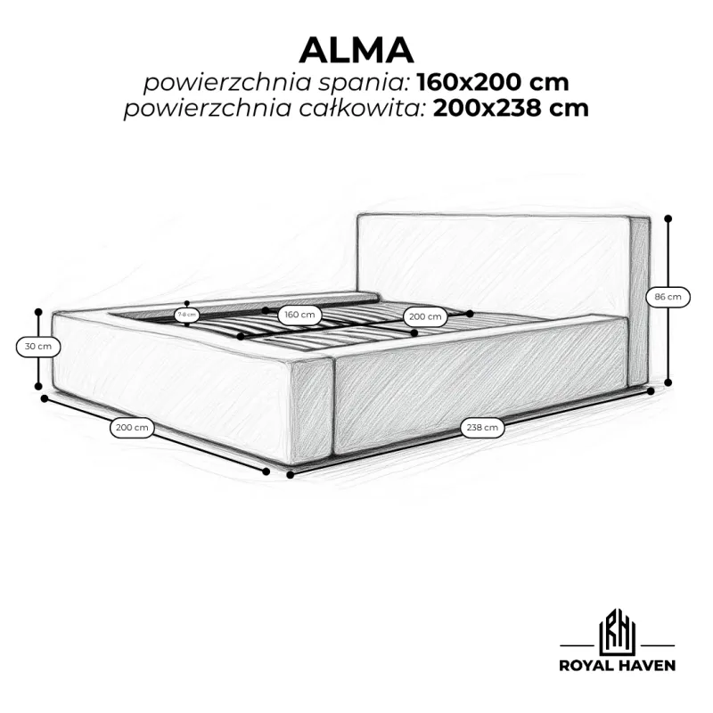 Łóżko tapicerowane beżowe 160x200 ALMA Łóżko tapicerowane białe 160x200 ALMA ze stelażem i pojemnikiem