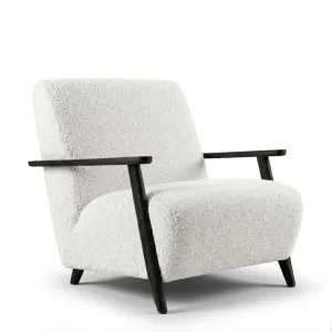 Fotel MIO biały boucle - nowoczesny fotel tapicerowany z drewnianymi podłokietnikami do salonu